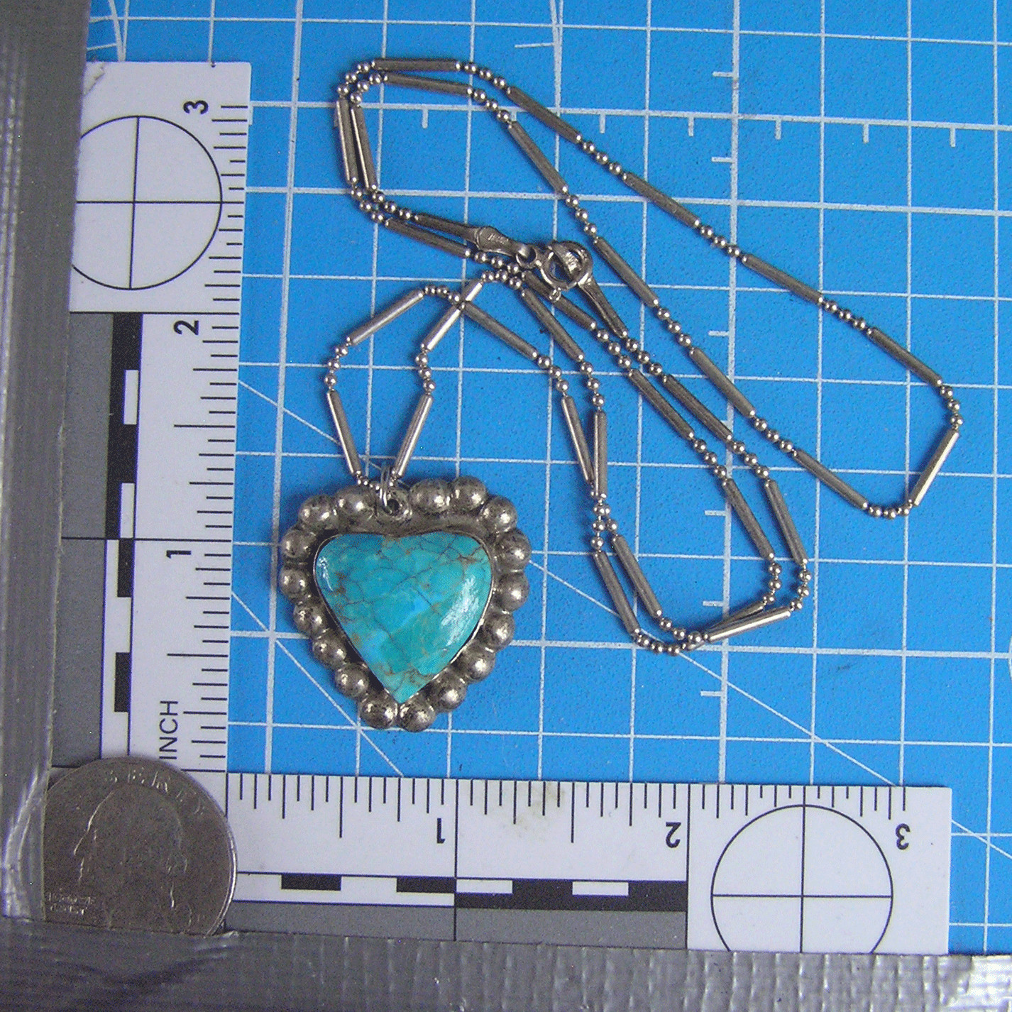 Sterling Silver THAILAND 925 Turquoise Heart Pendant Bar Bead Chain Necklace (Tc