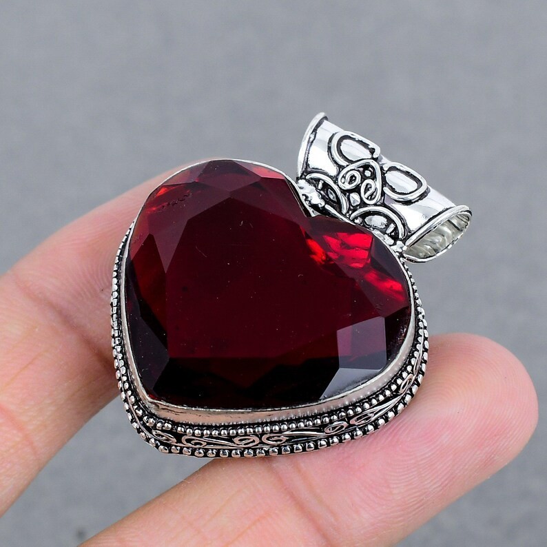 Red Garnet Gemstone Handmade 925 Sterling Silver Jewelry Heart Pendant Sz-2″