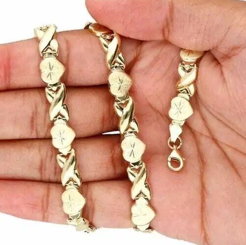 10K Yellow Gold Diamond-Cut Satin Hearts & Kisses XO Necklace 17.5″