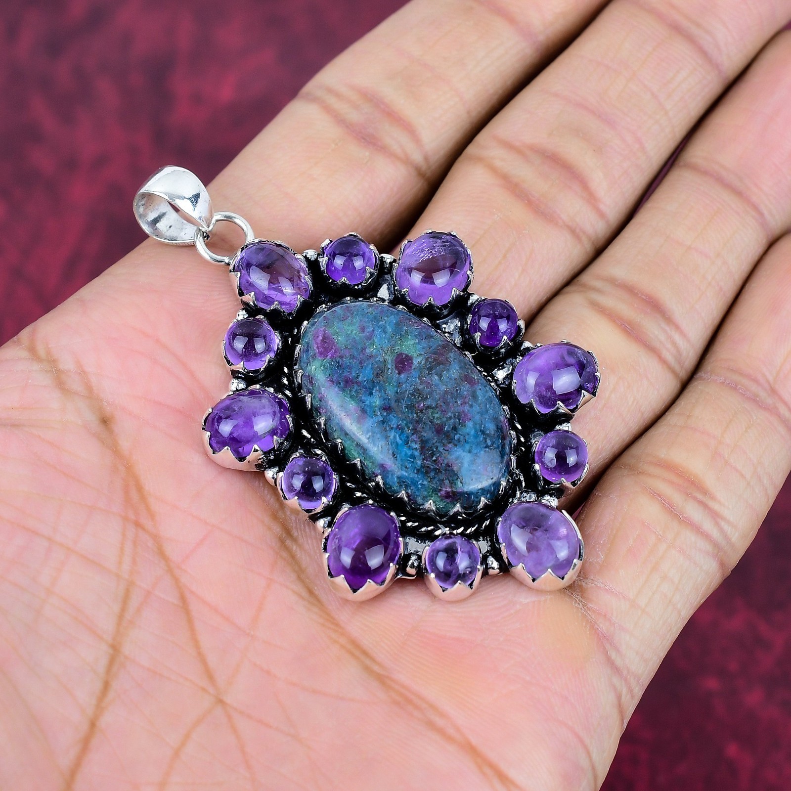Ruby In Kyanite & Amethyst Gemstones Handmade 925 Sterling Silver Pendant