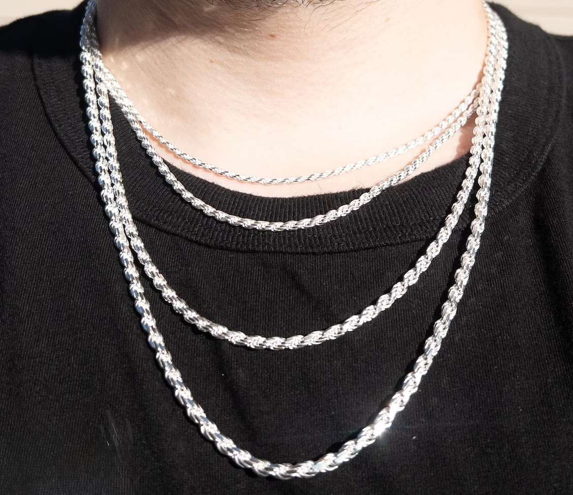Italian Solid 925 Sterling Silver Rope Chain Link Necklace Silver Mens Womens