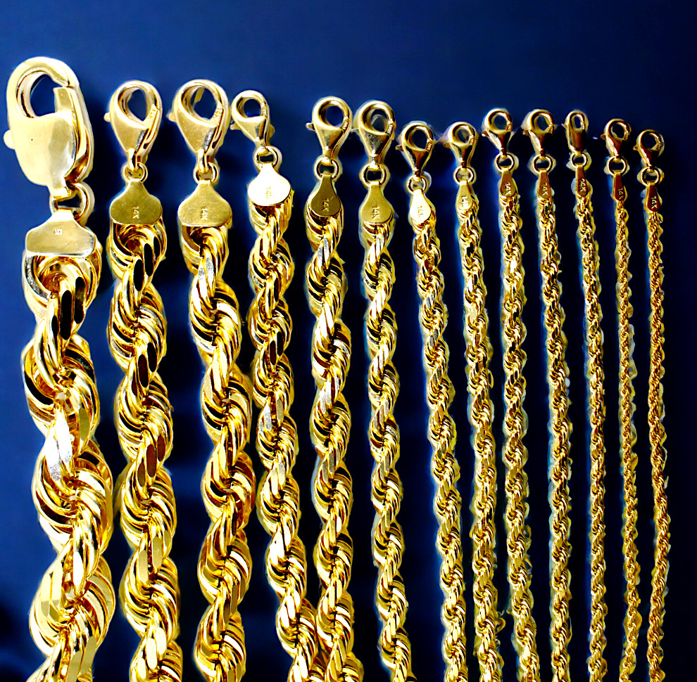 14K Yellow Gold 1mm-10mm Rope Chain Necklace Bracelet Diamond Cut Real 7″-30″