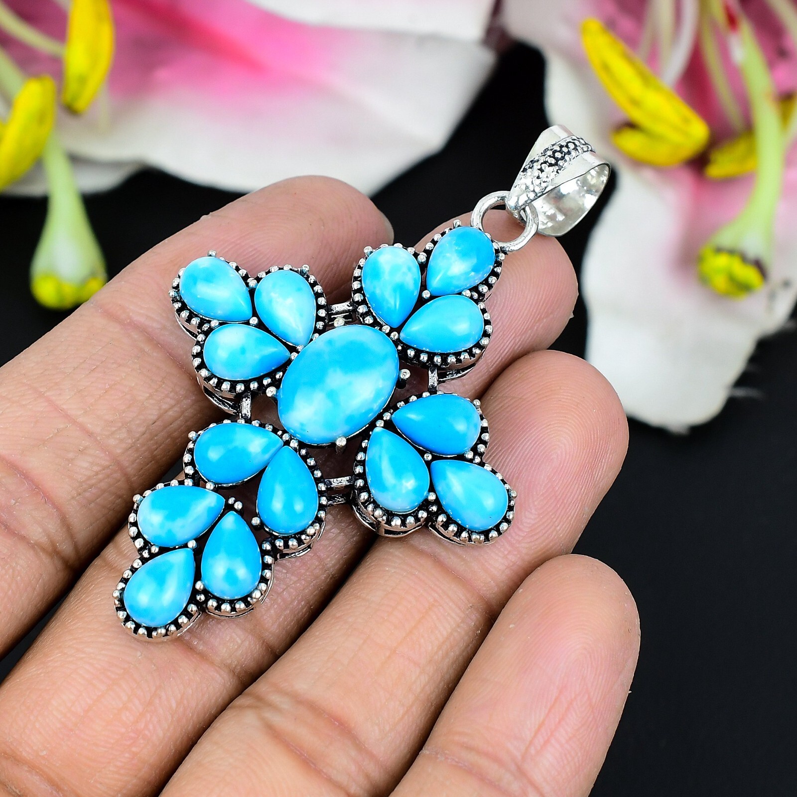 Blue Turquoise Gemstone 925 Sterling Silver Jewelry Boho For Gift Pendant – 2″