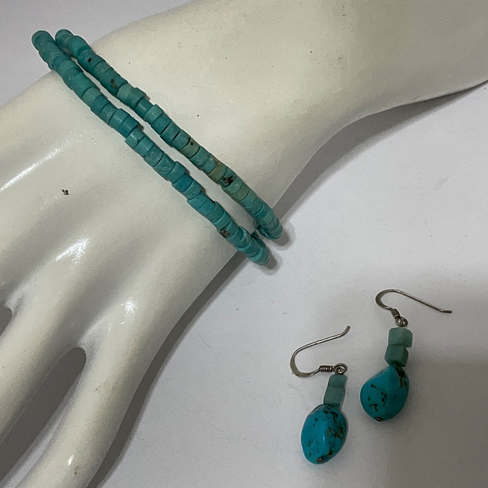 Artisan Turquoise Heishi Bead Collar Necklace Sterling Silver Gift Earrings 925