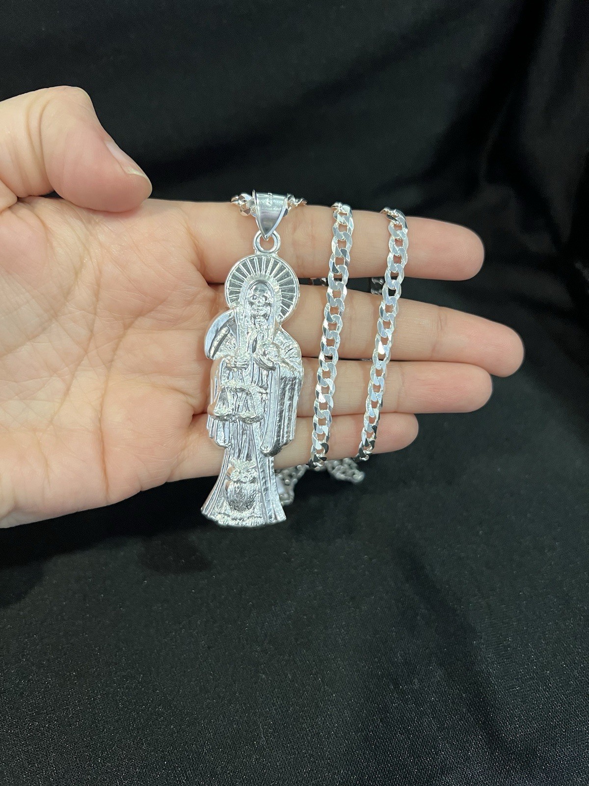 925 Sterling Silver Big Men Women Santa Muerte Grim Reaper & Curb Chain 20 26 30