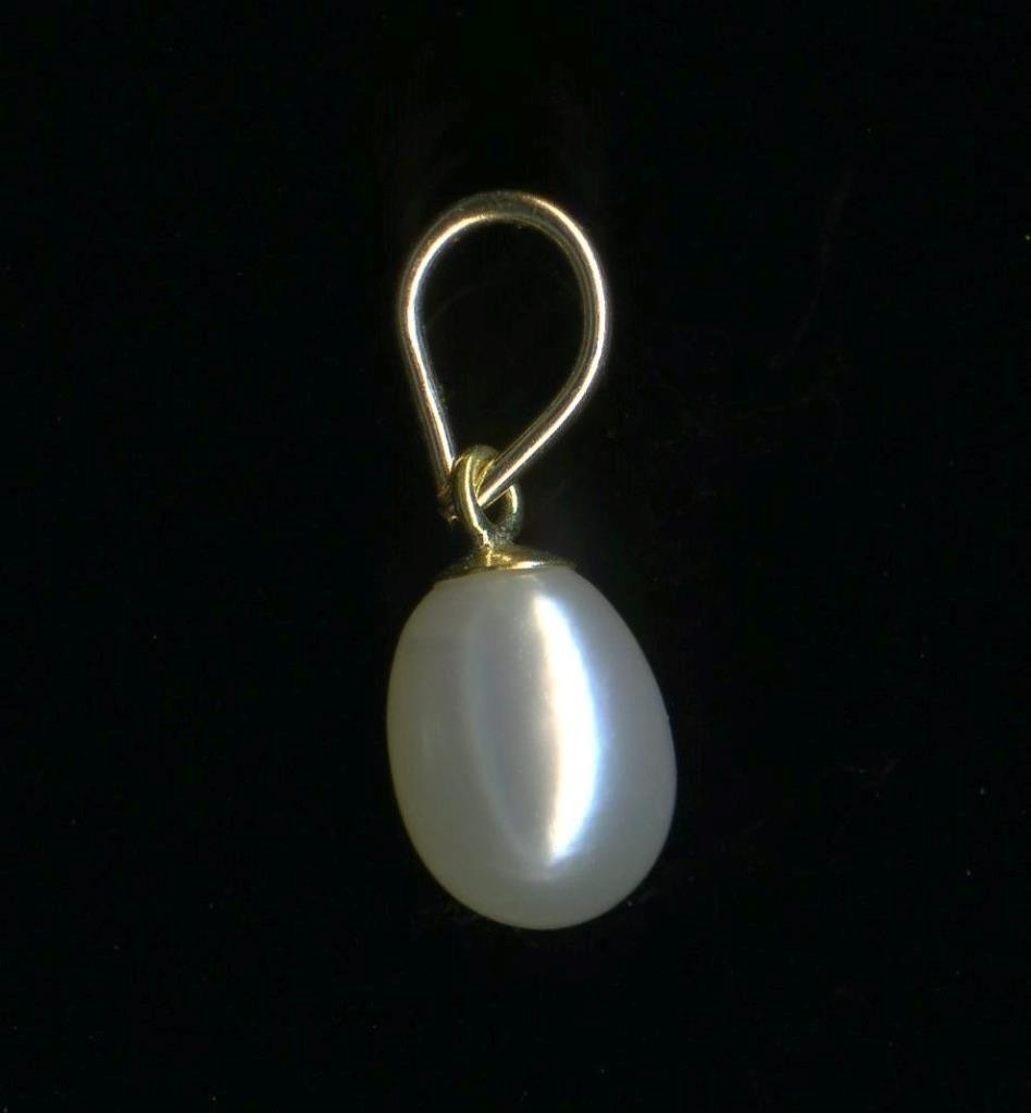 New 14K Solid Yellow Gold 8mm Oval Bead Cream White Pearl Solitaire Pendant (RV