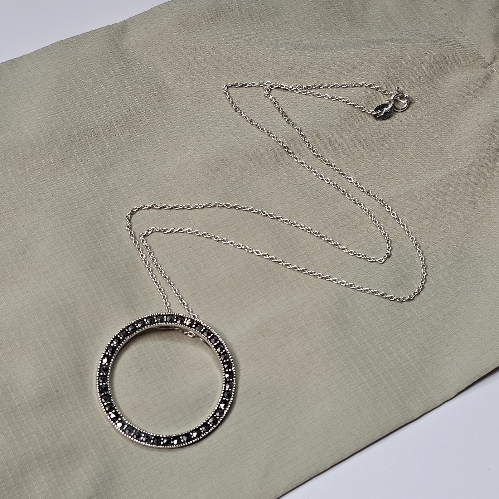 925 Sterling Silver Marcasite Circle Pendant Slide Necklace – 4.5g