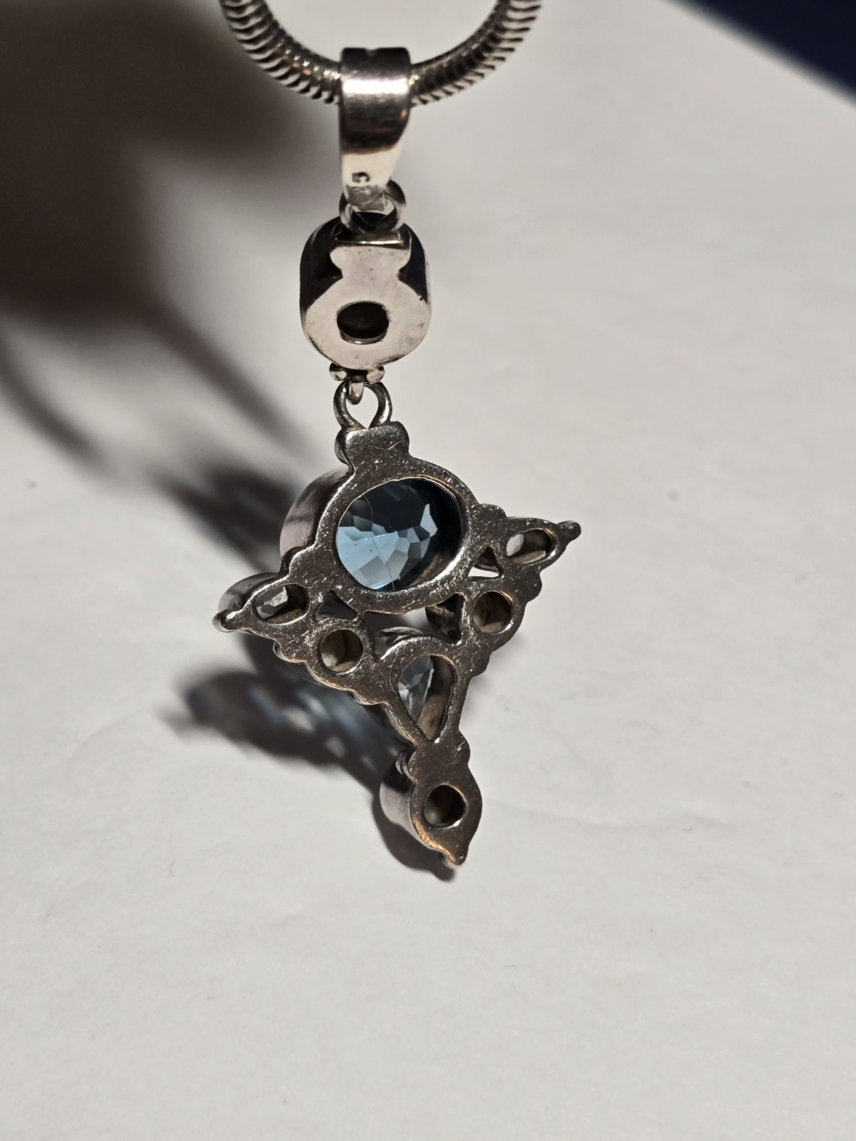 925 Sterling Silver Snake Chain Blue Stone Pearl Pendant 16″ Long