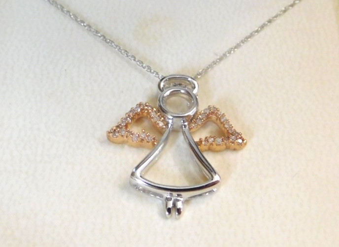 10K Solid White + Rose Gold ANGEL w HALO Pendant JWBR 18″ Inch Chain Necklace