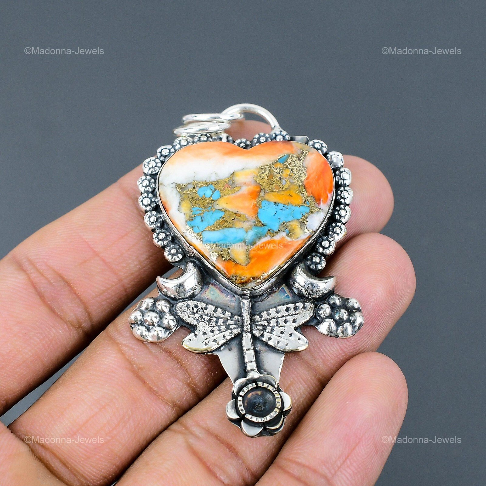 925 Sterling Silver Heart Natural Spiny Oyster Copper Turquoise Pendant Jewelry