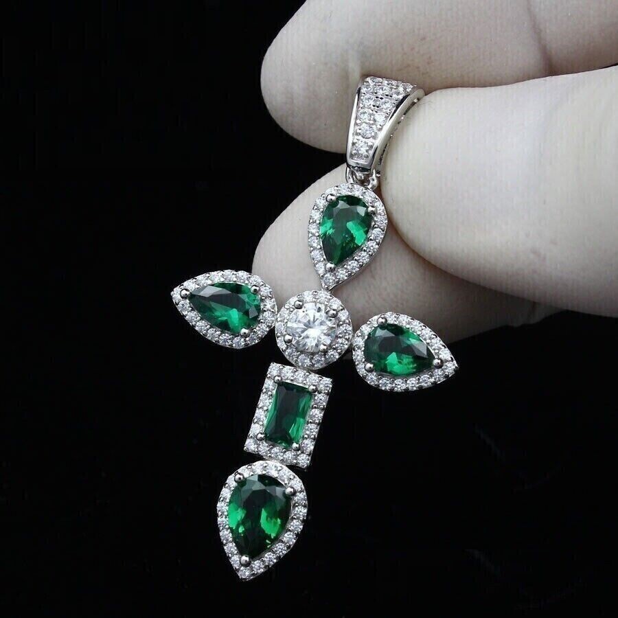 2.50 Ct Pear Cut Lab Created Green Emerald Cross Pendant 14K White Gold Finish