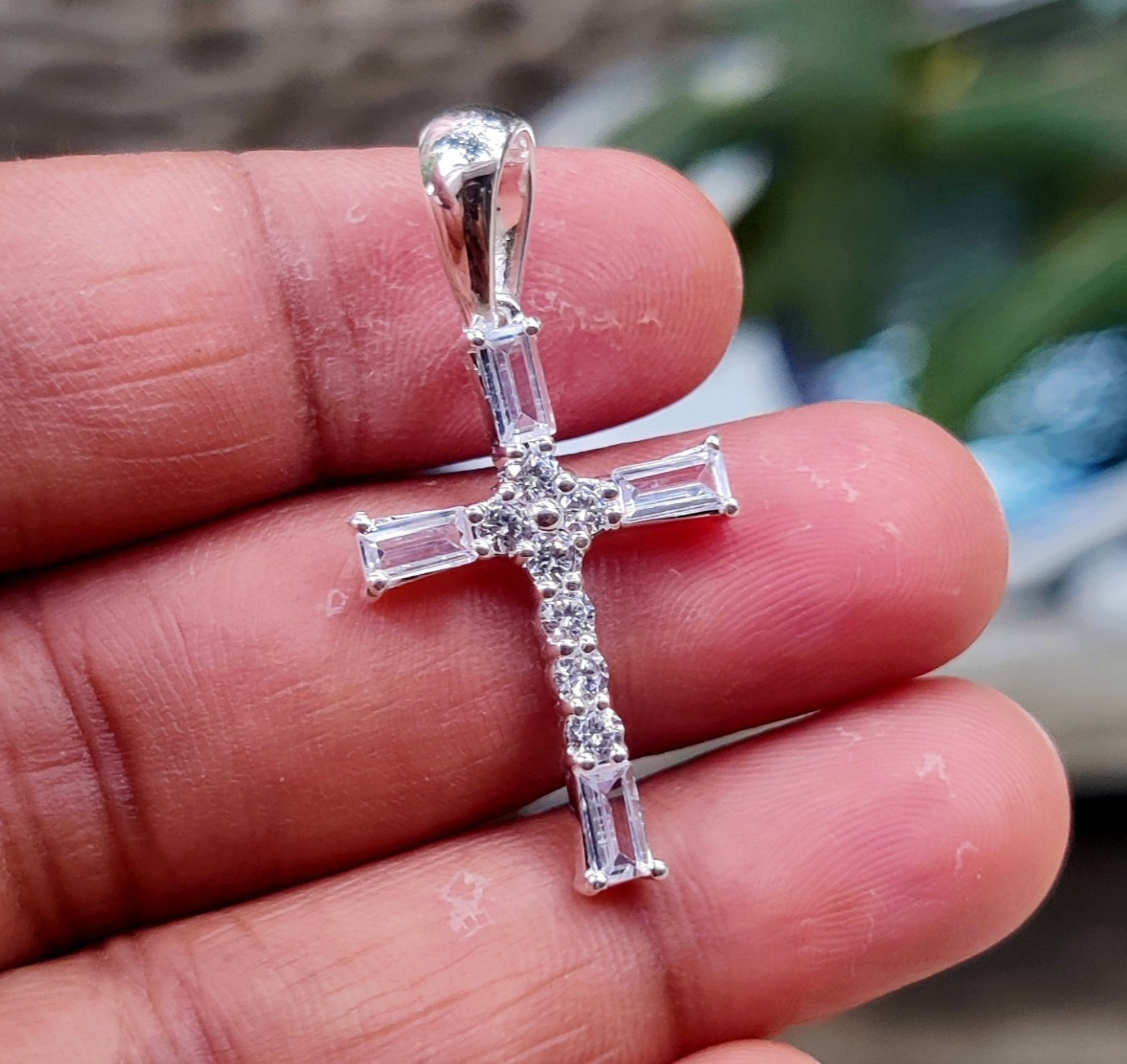 2Ct Bagutte Cut Natural Moissanite Cross Pendant 14K White Gold Plated Silver