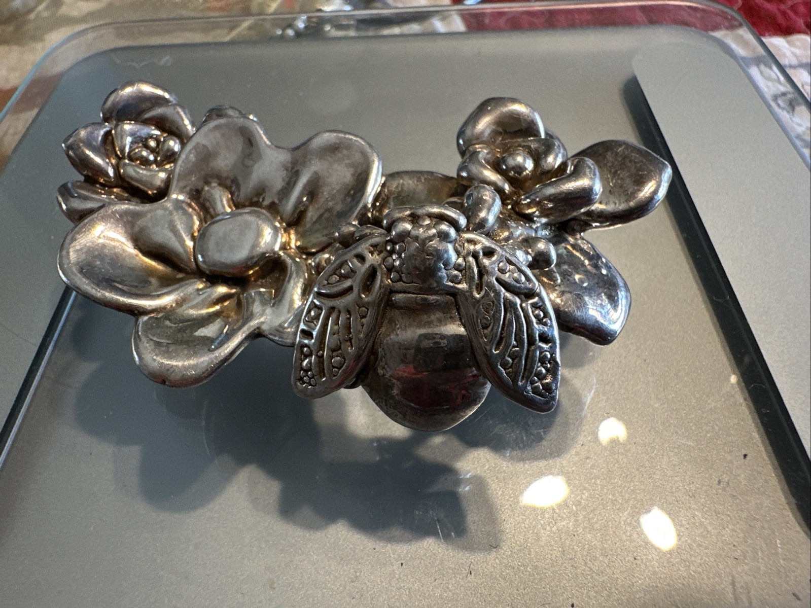Rare .925 Sterling Silver Electroform Large Flower & Bee Pendant Stamped Israel