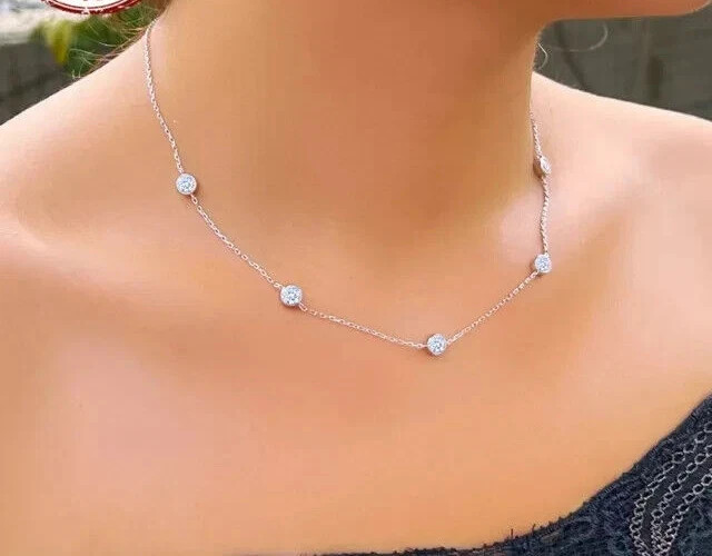 3Ct Round Lab Created Diamond Women’s Station Necklace 14K White Gold Plated 18″