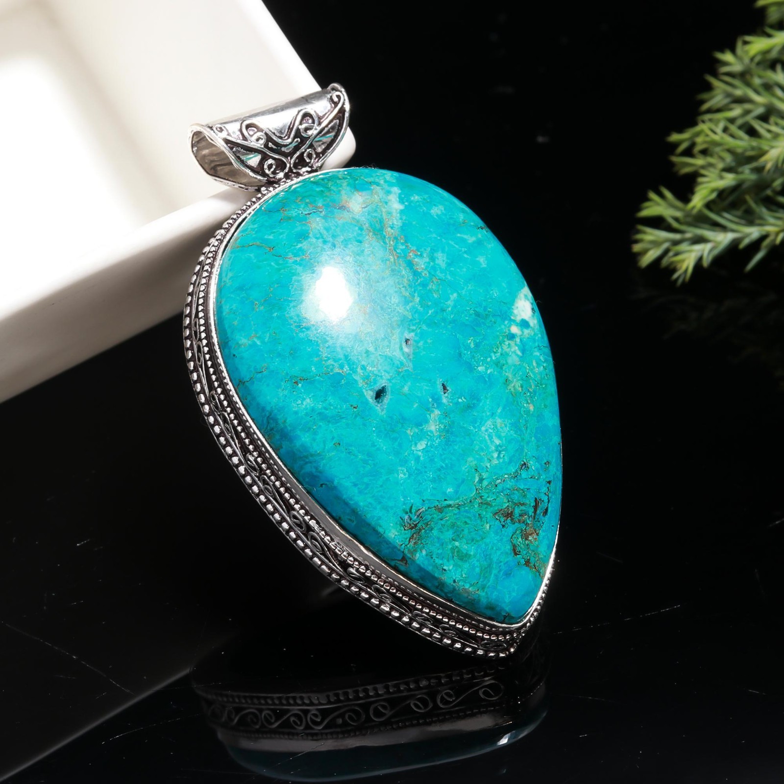 Huge Tibetan Turquoise Gemstone Handmade Boho 925 Sterling Silver Pendant