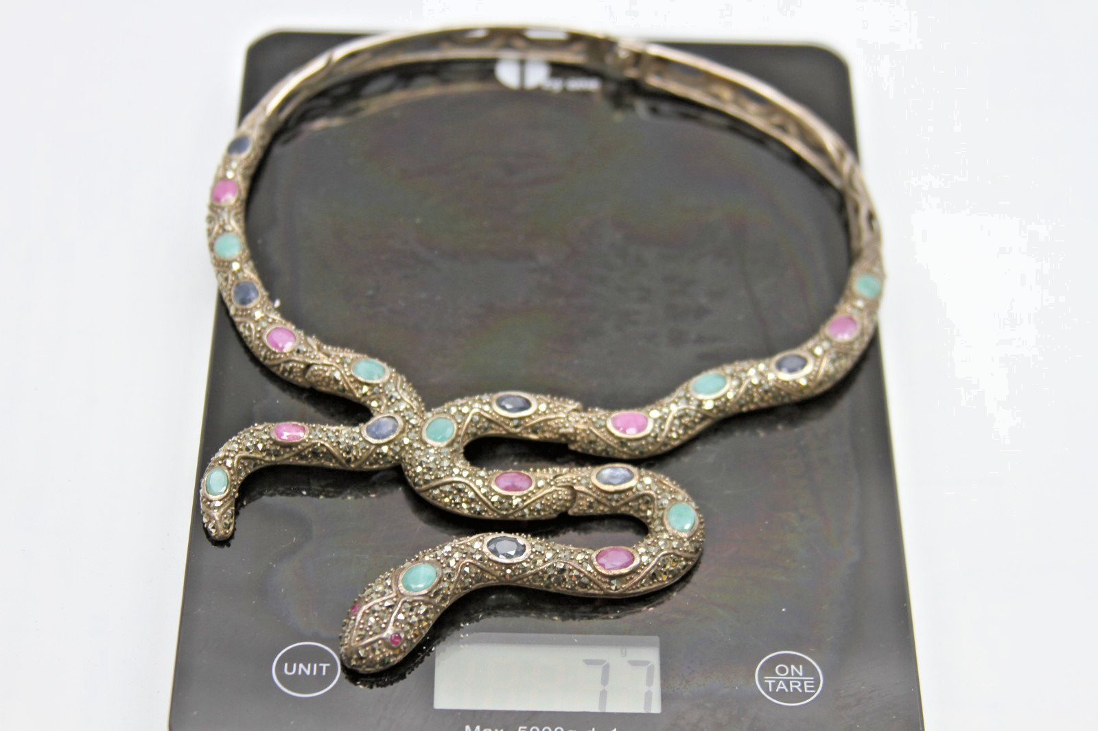 Ruby, Emerald, Sapphire, Marcasite Snake Necklace 925 Sterling Silver 77g