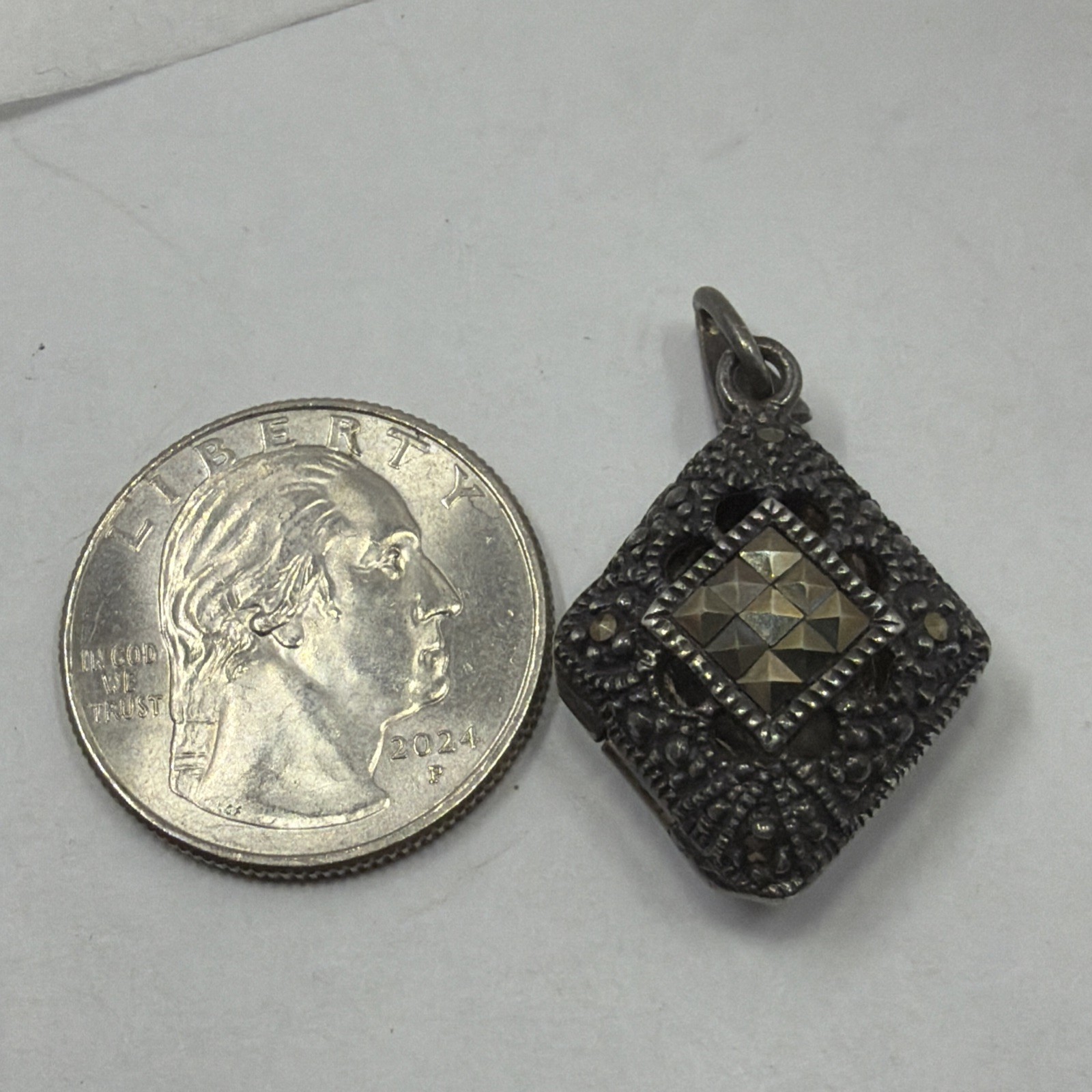Vintage Look Sterling Silver 925 Marcasite Diamond Shaped Locket Pendant 1.25”