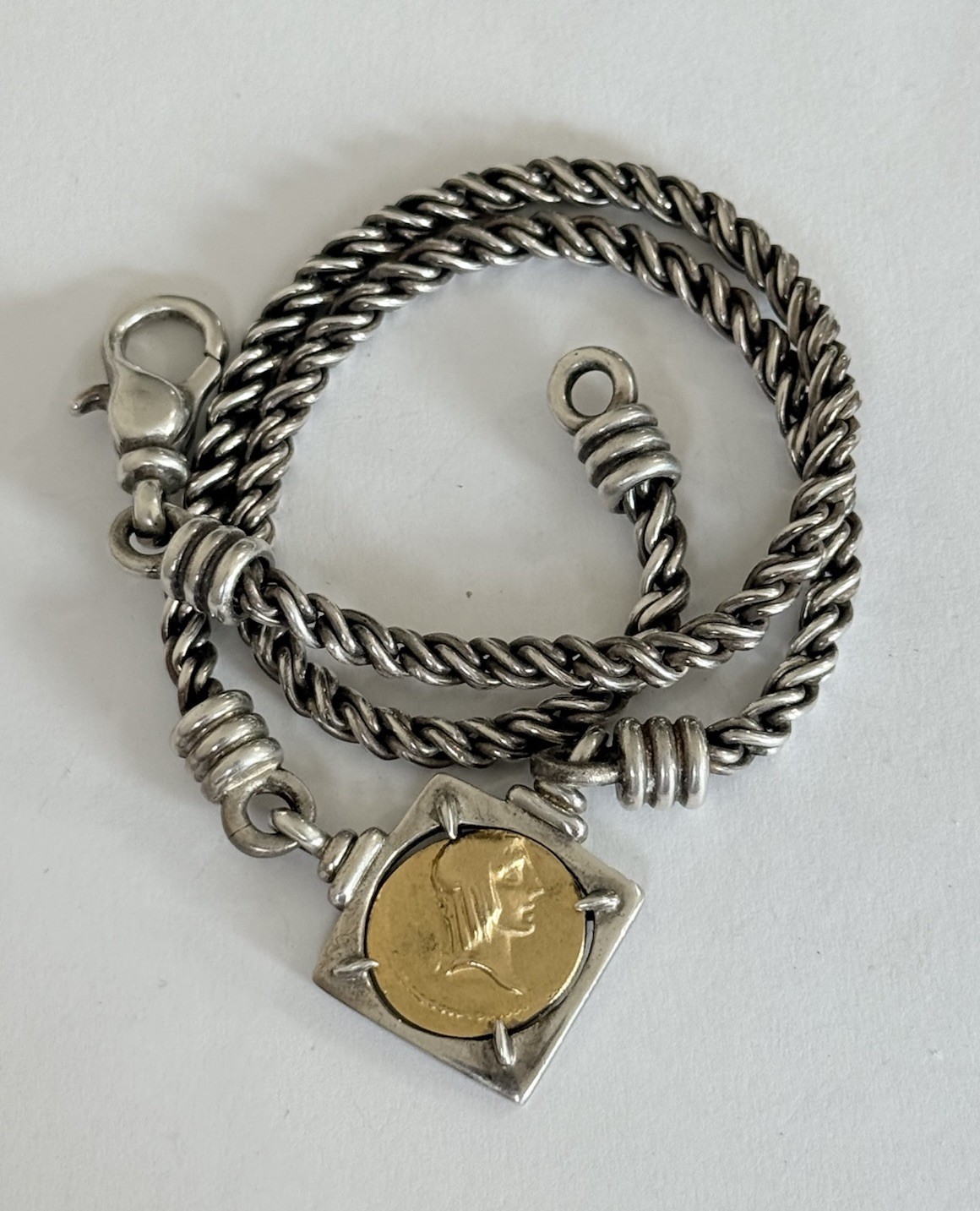 Vintage 925 Sterling Silver Roman Coin Gold Vermeil Chain Necklace 46-Grams