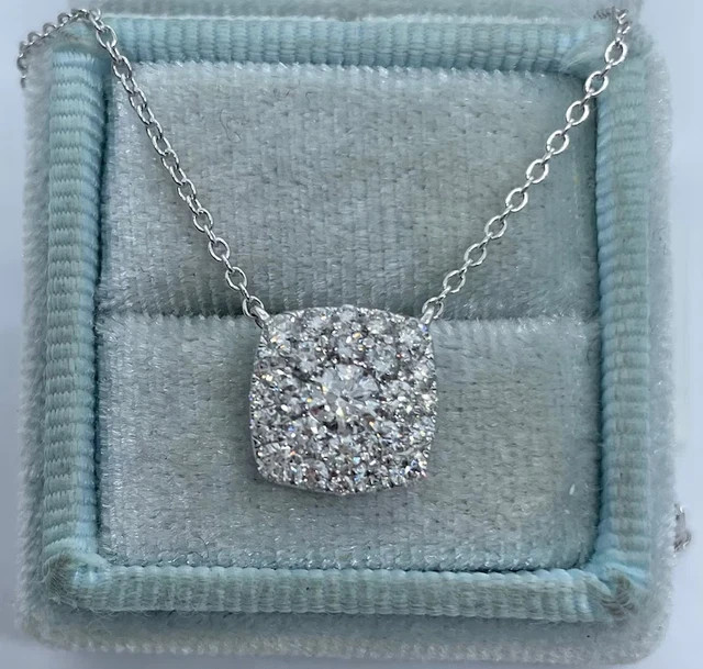 Real Moissanite 1.30Ct Round Cut Cushion Halo Stud Pendant 14K White Gold Plated