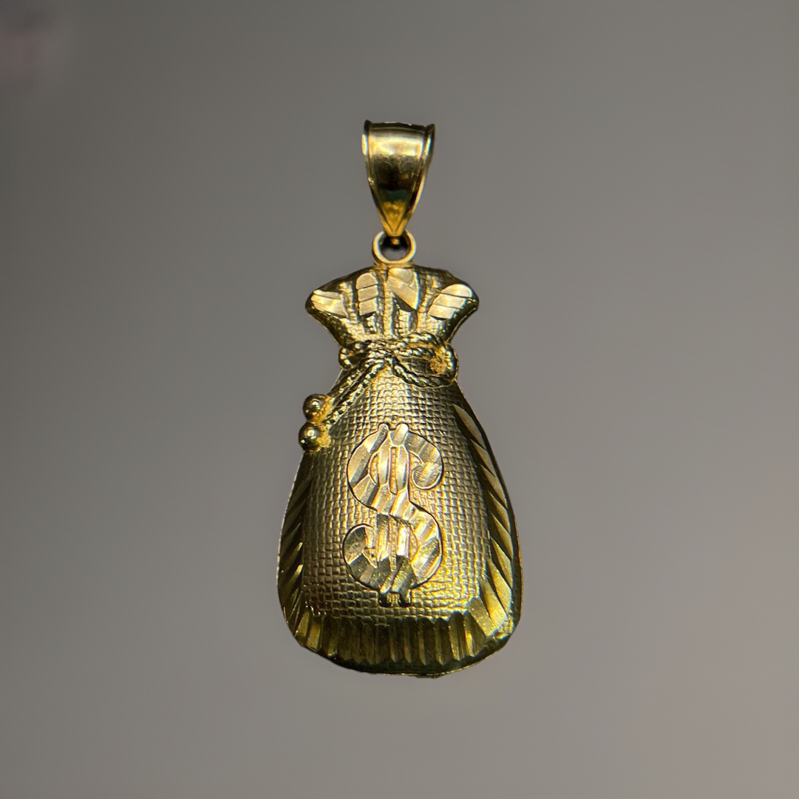 10K Solid Yellow Gold Dollar Sign Diamond Cut Lucky Money Bag Charm Pendant 4.6g