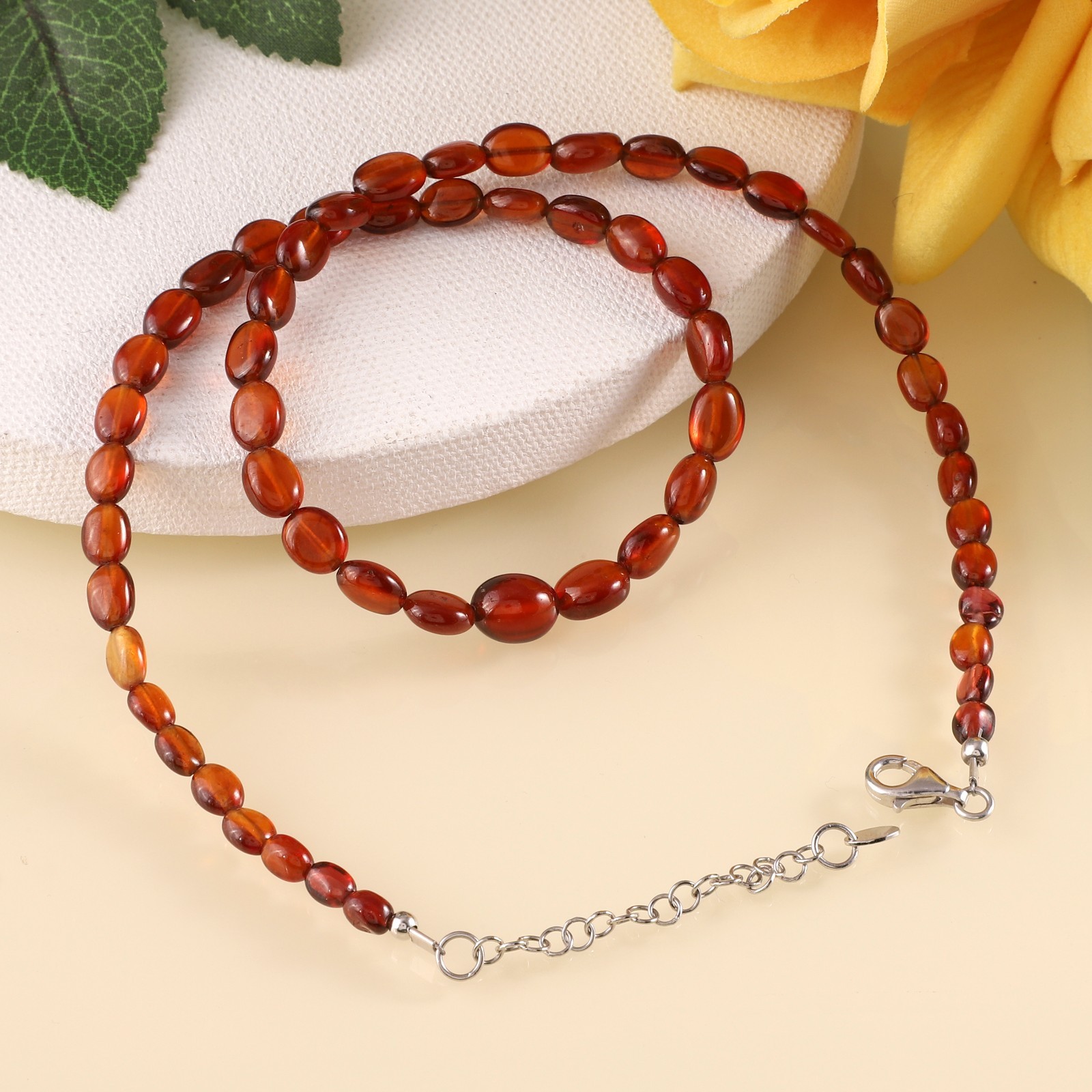 100%Natural Hessonite Garnet Stone Beaded Handmade Necklace Oval 925 Silver