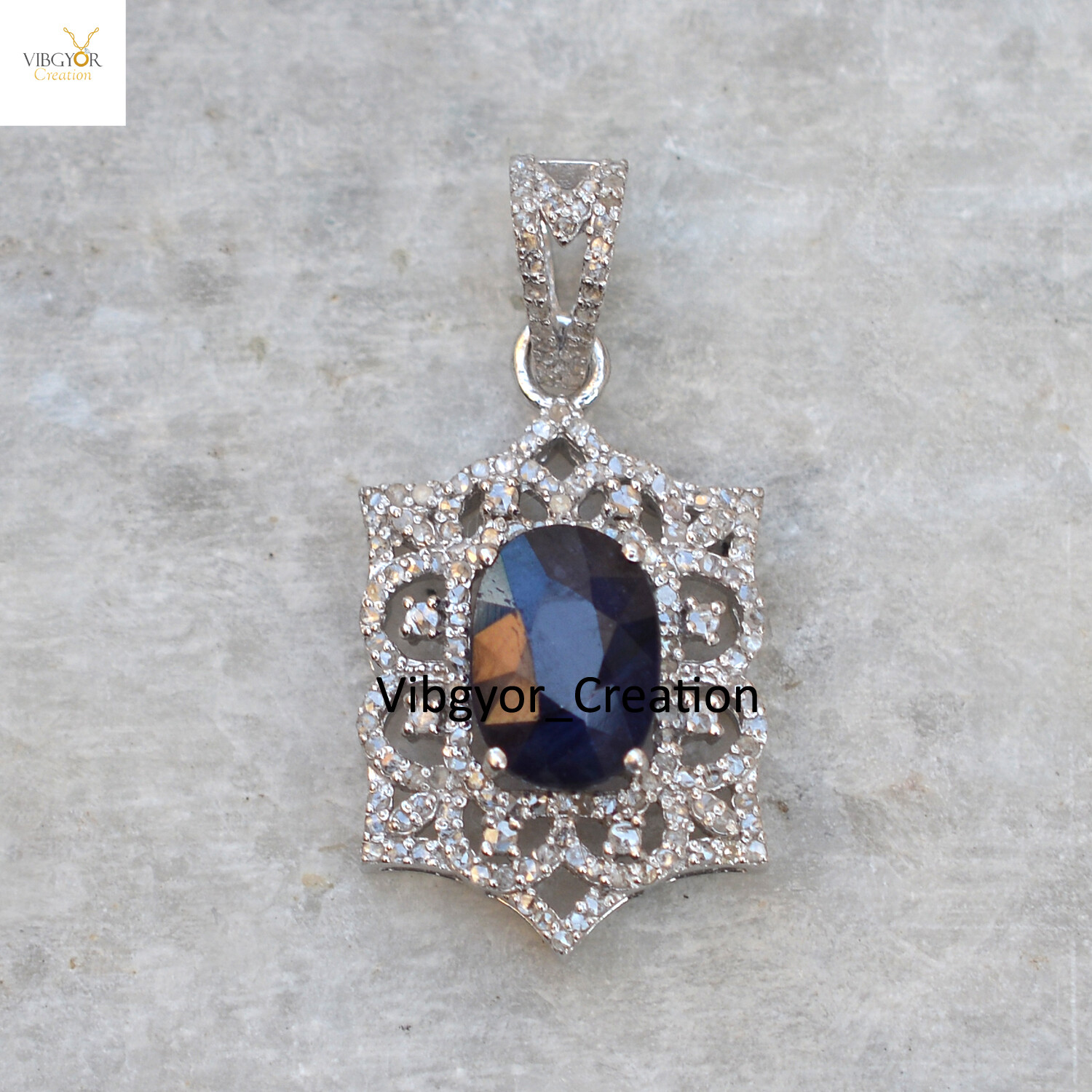Pave Diamond Pendant Sapphire Gemstone 925 Sterling Silver Birthday Jewelry