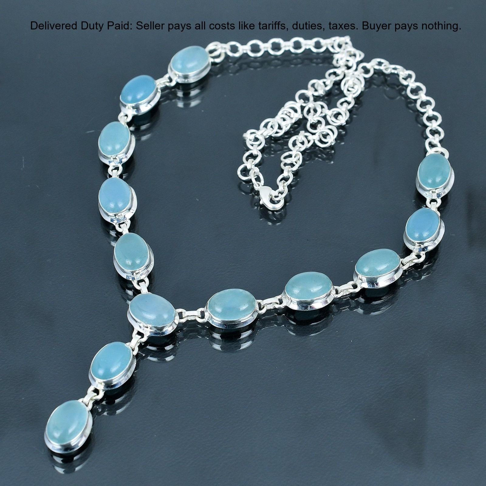 Valentines Deal Sterling Silver Oval Aquamarine Gemstone Chain Necklace Jewelry
