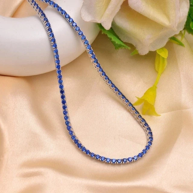 17 ct Created Blue Sapphire Platinum Plated Wedding Tennis Women’s Necklace 3mm
