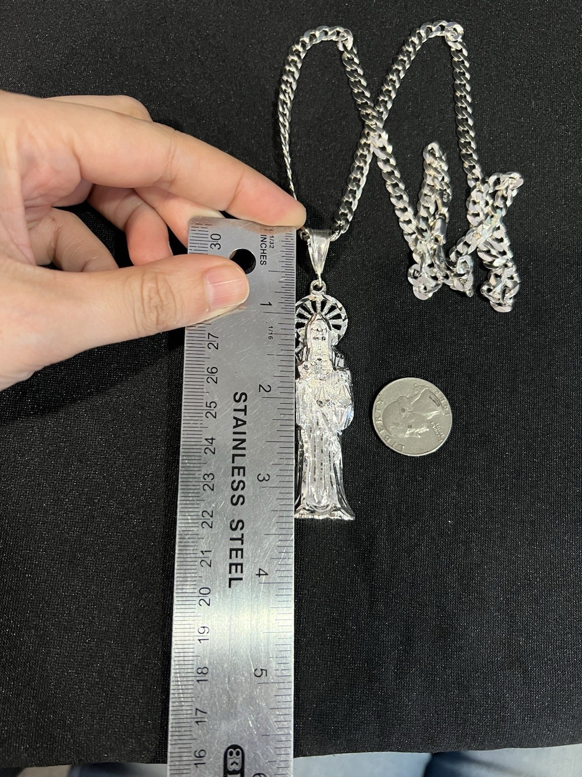 925 Sterling Silver BIG Men Women Santa Muerte Grim Reaper Curb Chain 20 26 30