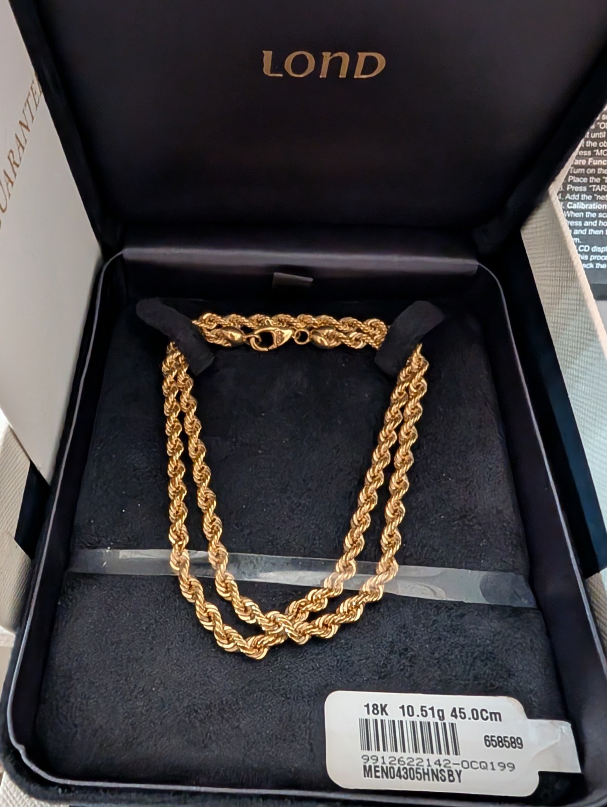 18K Yellow Gold Rope Chain Necklace marked 750! 17.717 inch Lobster Clasp