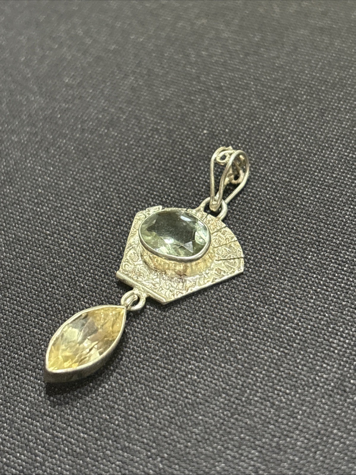 Vintage Green & Lemon Quartz 925 Sterling Silver Pendant 2” Long 4.4 Grams