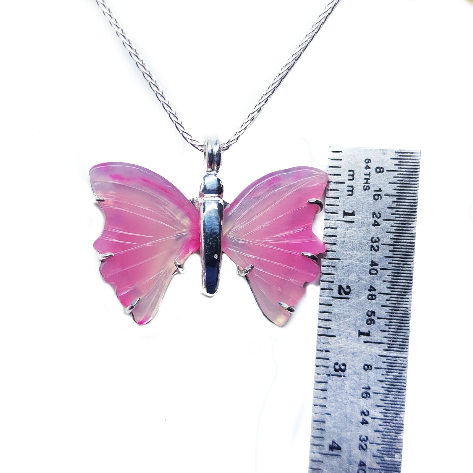 Sterling Silver Butterfly Pink Agate Pendant 18″ Necklace Sweet 16 Jewelry Gift