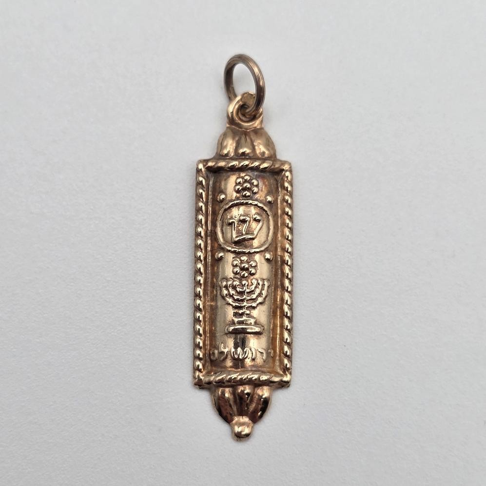 14K Yellow Gold Jewish Mezuzah Shaddai Menorah Protection Charm Pendant ISRAEL