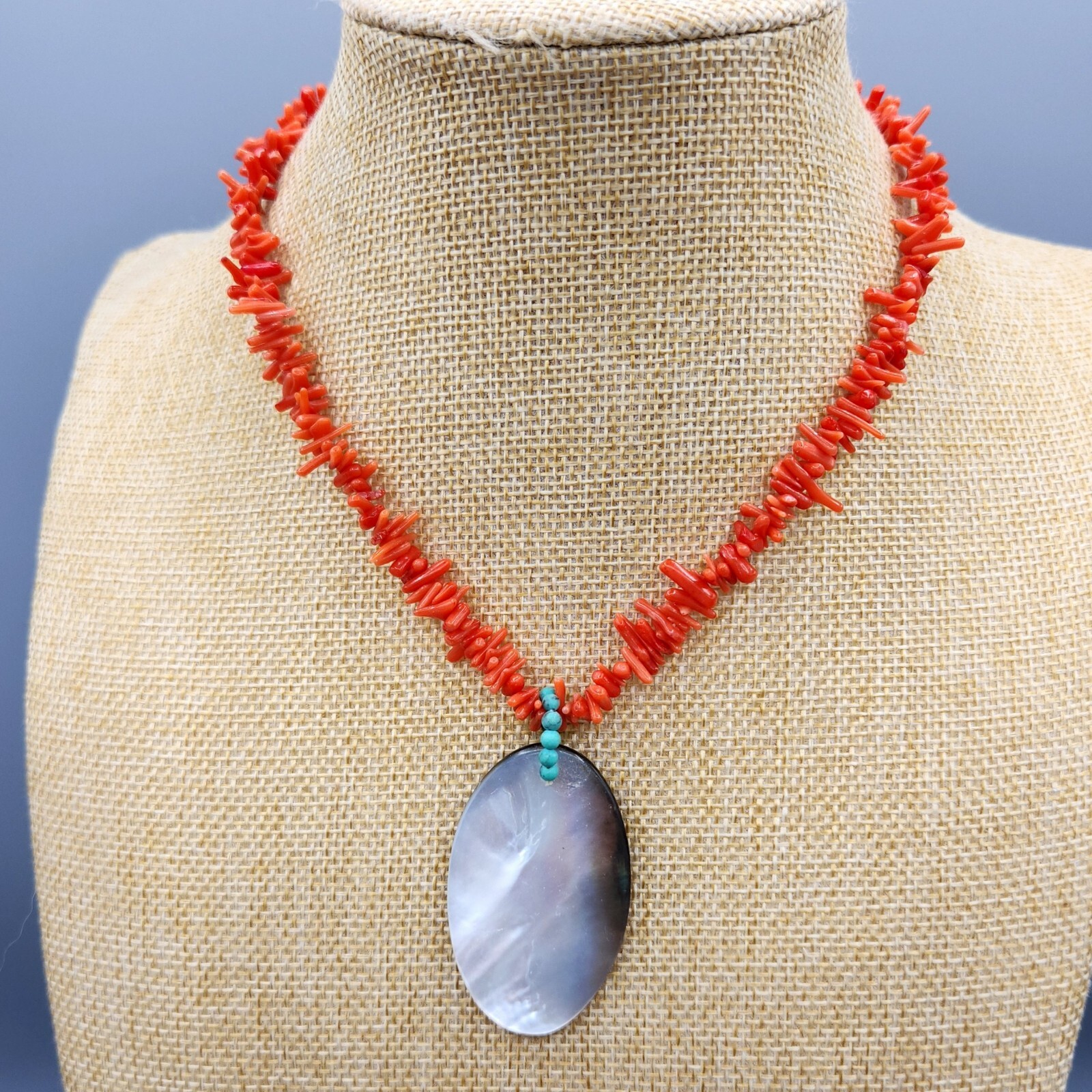 Red Branch Coral Turquoise Mother of Pearl Sterling Silver Necklace 16″ 25.7g