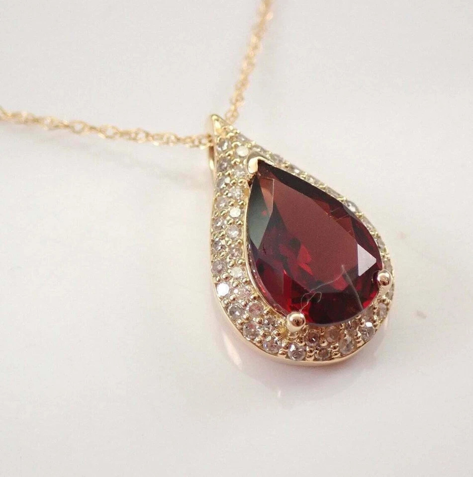 3Ct Pear Cut Red Garnet Halo Pendant 14K Yellow Gold Finish With 18″ Free Chain