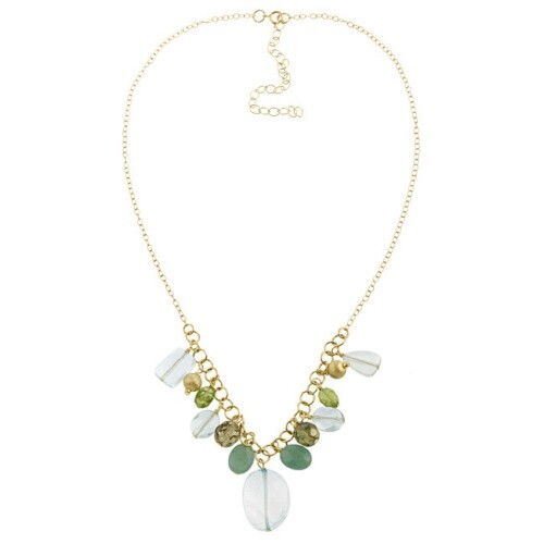 Gold on Silver Satin, Crystal, Blue Quartz, Peridot Dangle Bead & Chips Necklace