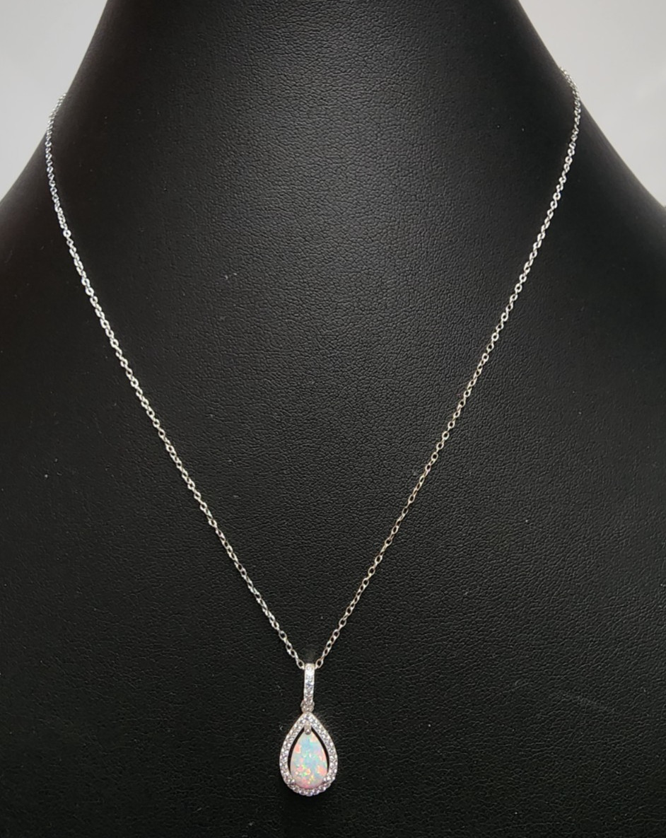 Yes, Please! Lab Created White Opal Pear Pendant Necklace 18″ Sterling Silver