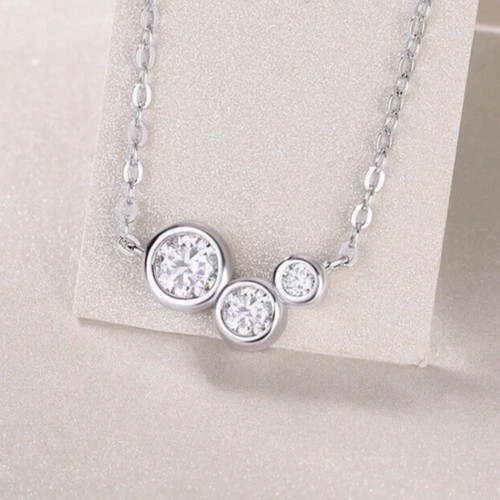 3 Stone Necklace 2/7 Ct Round Moissanite 14K White Gold Plated Free Chain
