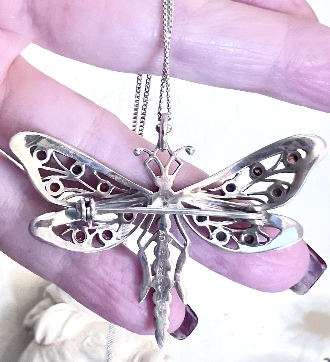 LOVELY Designer Sterling Silver & Garnet Dragonfly Brooch/Pendant Necklace