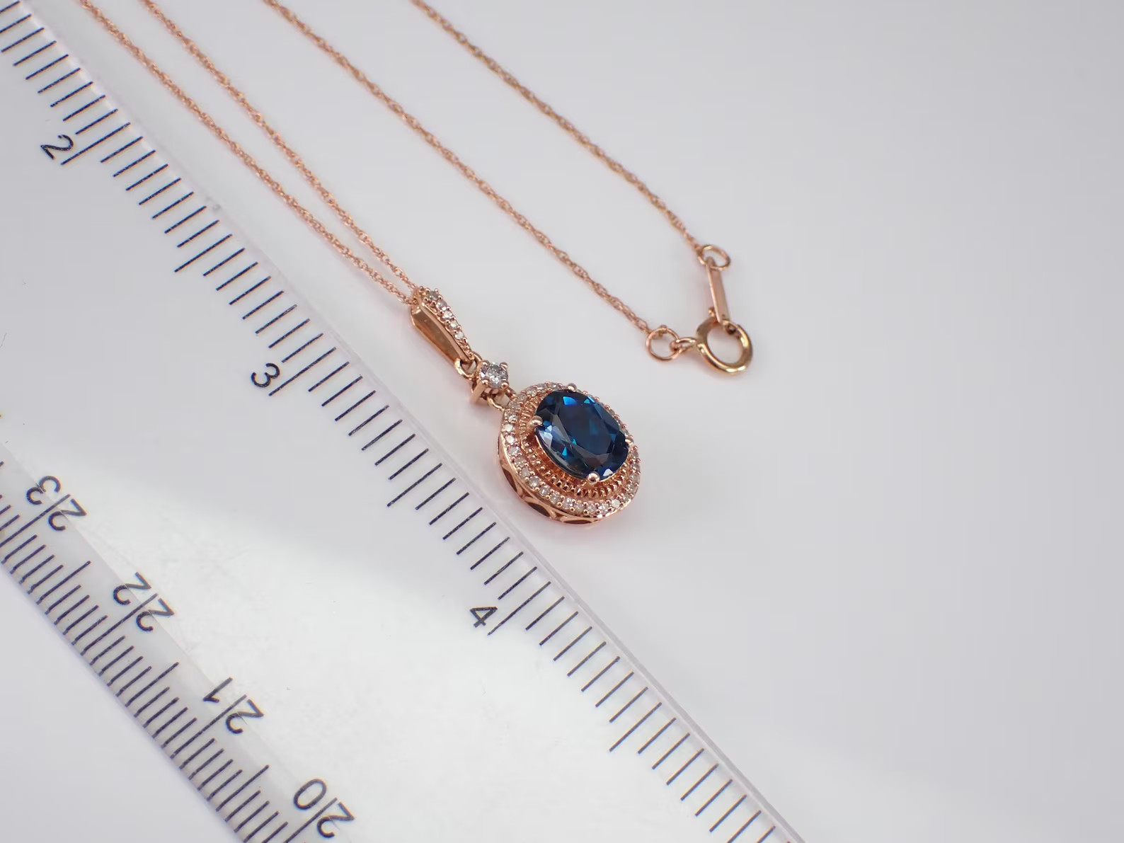 3Ct Ova Lab Created London Blue Topaz Halo Pendant Necklace 14K Rose Gold Plated