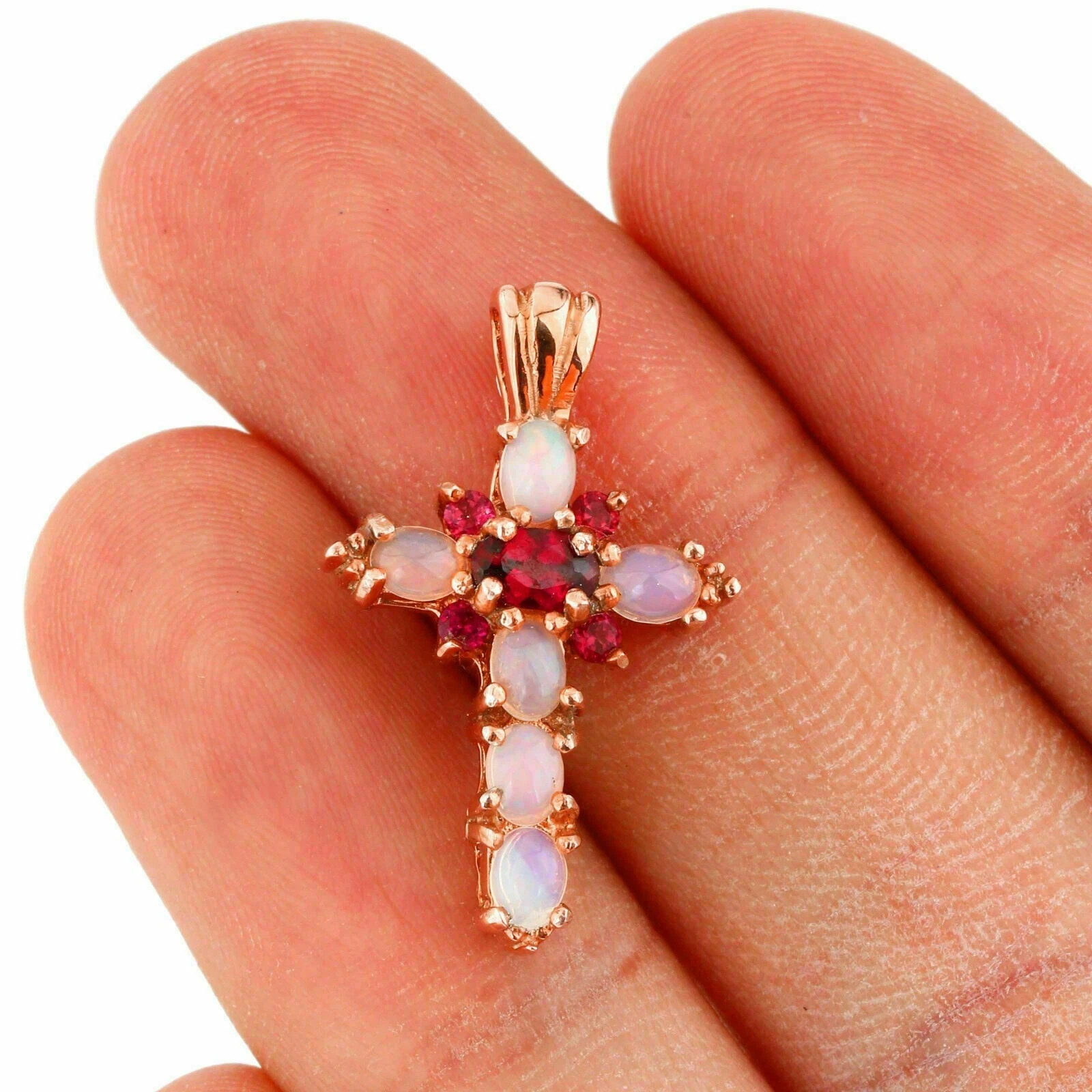 2.25Ct Oval Cut Red Garnet & Fire Opal 14K Rose Gold Over Pretty Cross Pendant