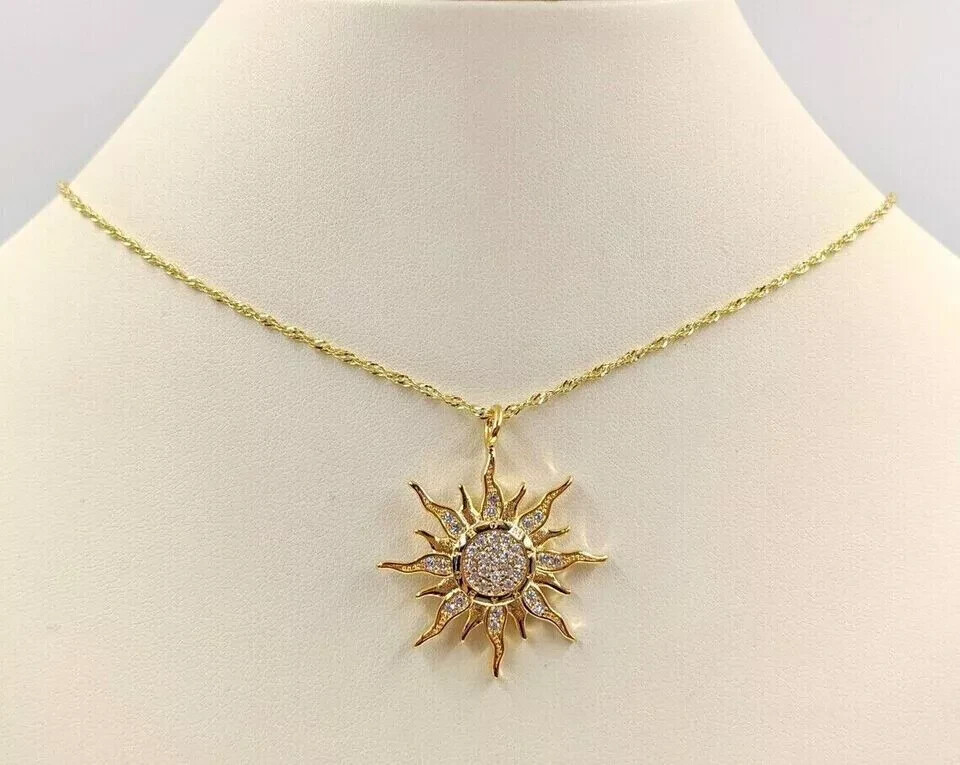 14k Yellow Gold Finis 2Ct Lab-Created Diamond Sunburst Pendant 16″ Free Chain