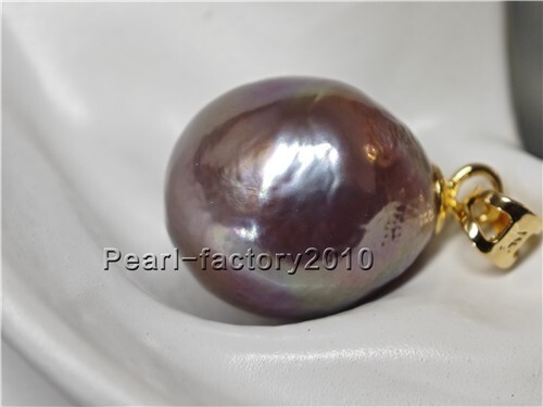 Purple AAA 13-14mm natural south sea pearl pendant 14K Yellow Gold baroque
