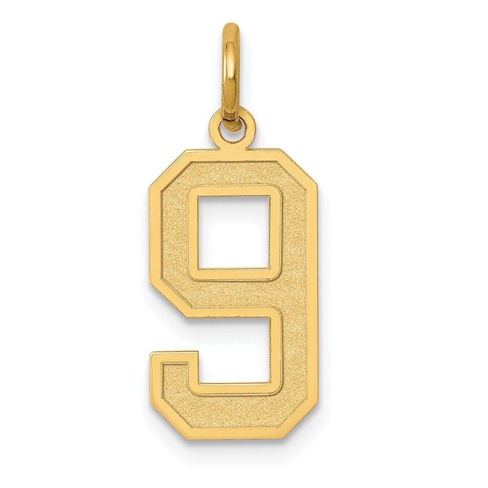 10k Yellow Gold Medium Satin Number “9” Charm Pendant L 20mm, W 8mm