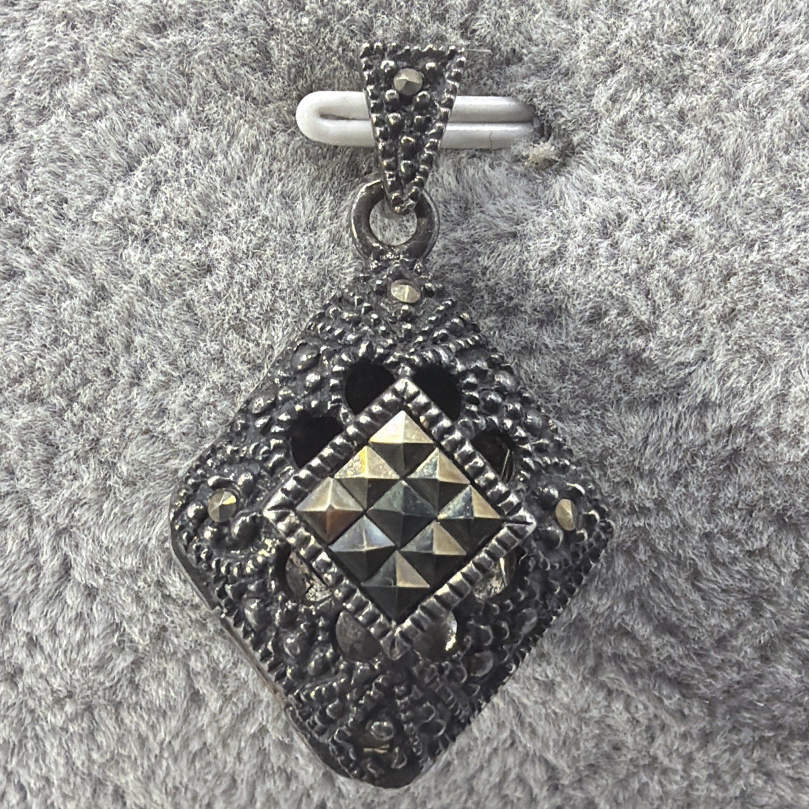 Vintage Look Sterling Silver 925 Marcasite Diamond Shaped Locket Pendant 1.25”