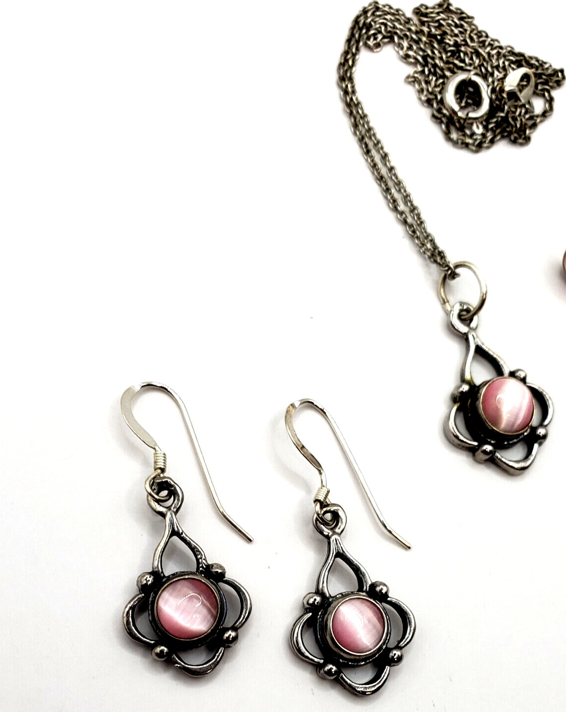 3 Pc Set Pink Cat Eye Necklace + Dangle + Stud Earrings Set 925 Sterling Silver