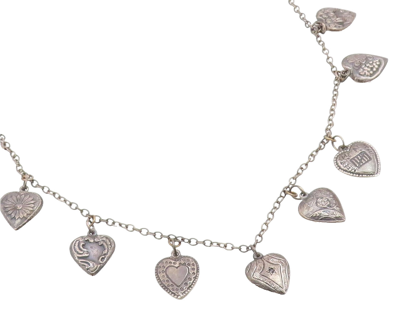 925 Sterling Silver Vintage Necklace Etched Love Heart Charm Motif Chain NE4832