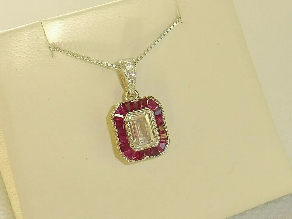 2.50Ct Art Deco Design White Lab-Created Diamond & Ruby Solid 925 Silver Pendant
