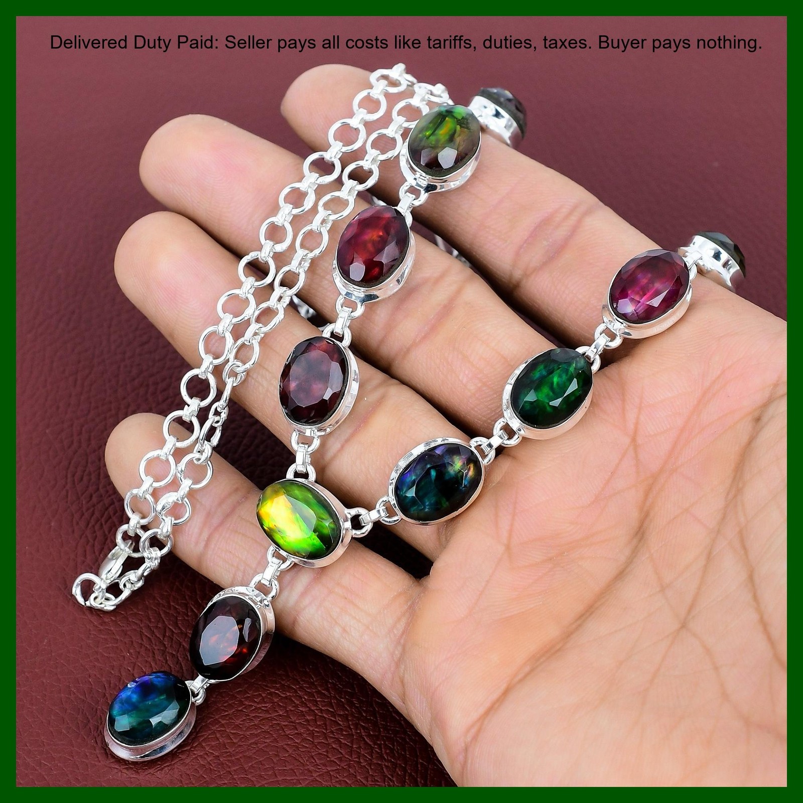 Oval Natural Ammolite 925 Sterling Silver Birthday Bezel Wife New Chain Necklace