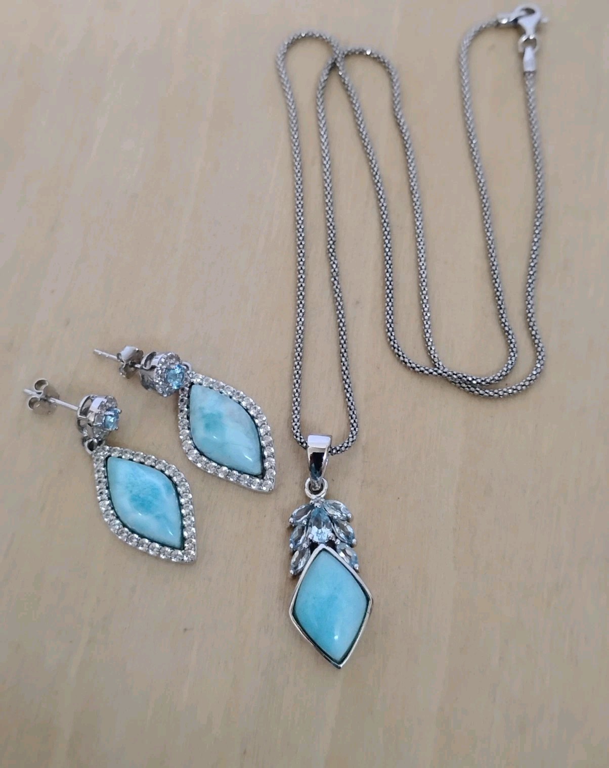 CFJ Thailand Larimar Blue Topaz Pendant Necklace Rhodium Plated Sterling Silver
